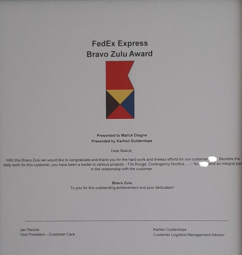 FedEx Express Bravo Zulu Award letter presented to Malick Diagne